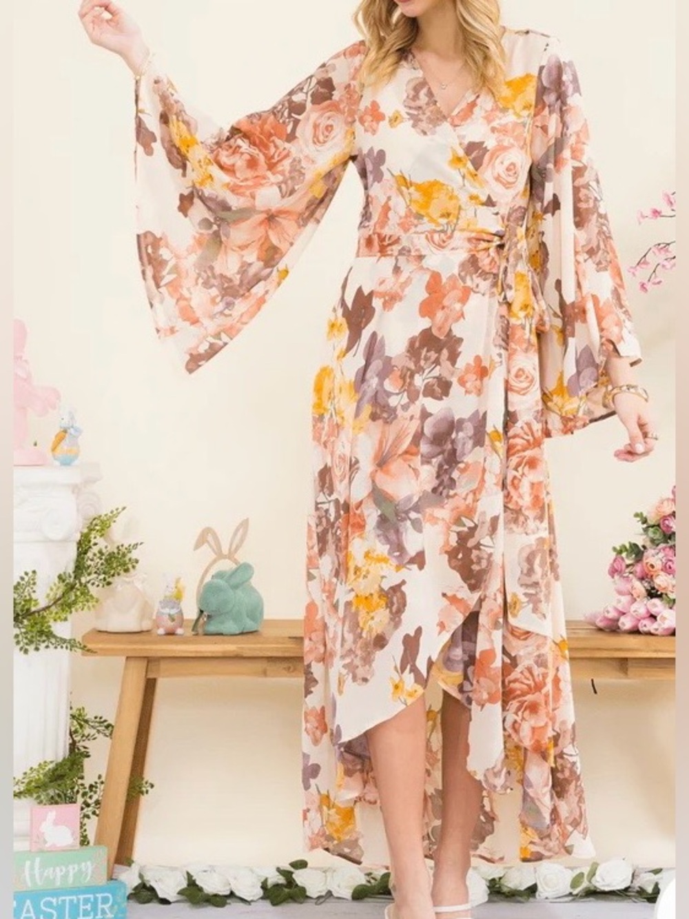 0250. Floral Wrap Maxi Dress in Blush and Peach - Picture 2 of 4